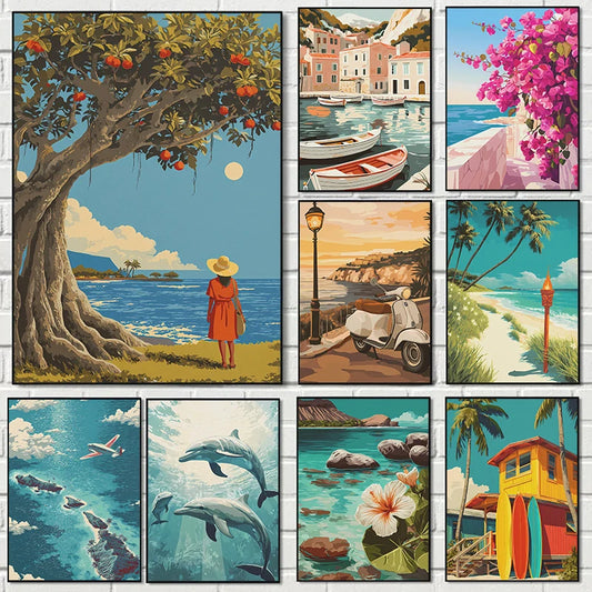 (1pc frameless)Summer Coastal Town Palm Tree Beach Dolphin Sailboat Tropical Fruit Cartoon Poster Canvas Paintings Wall Art P Peaceful Pleasures Health and Wellness