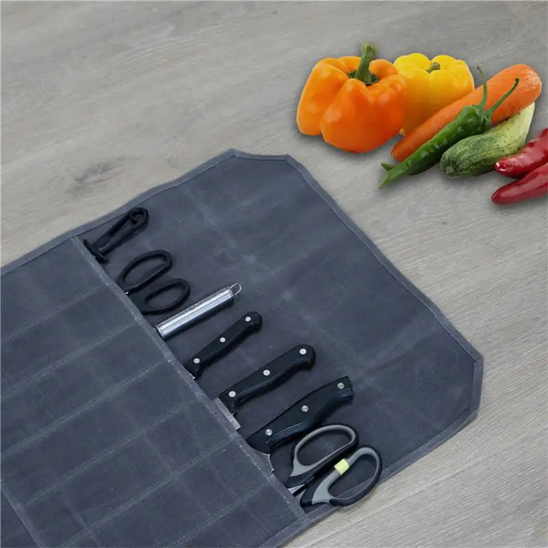 Chef Knife Roll Bag – 7 Pocket Waxed Canvas Knife Organizer Knife Roll Bag Peaceful Pleasures Health and Wellness
