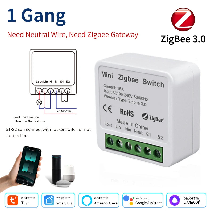 1/2/3 Gang Tuya ZigBee 3.0 Breaker Smart Switch 110V 220V Smart Home Relay Module Smart Life Voice Control For Alexa Google Home Peaceful Pleasures Health and Wellness 1CH 16AZigBee switch