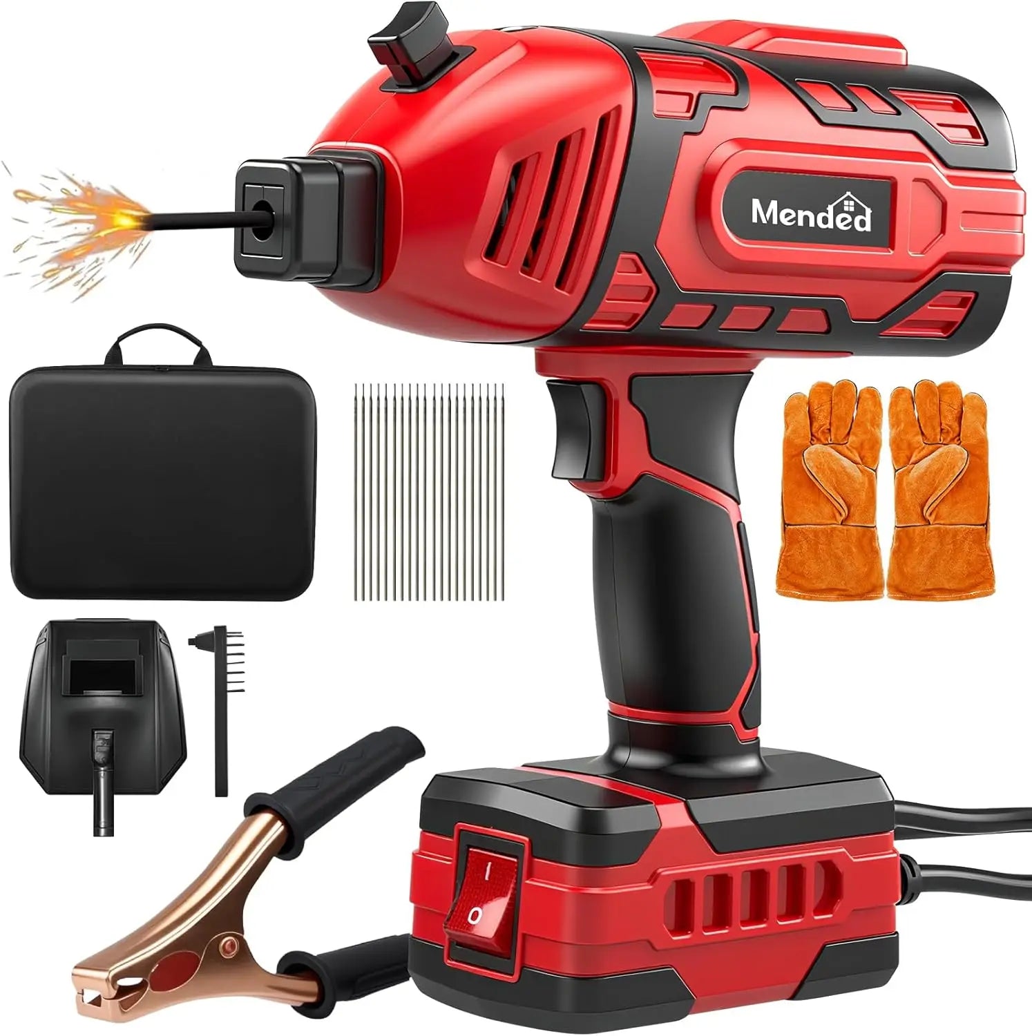 Red and black Mended welding gun with accessories on a white background