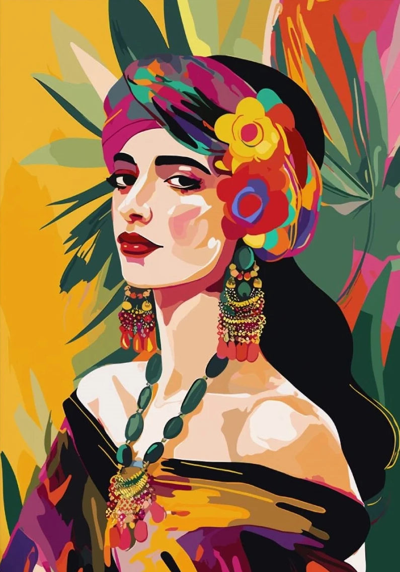 Latina Woman Floral Canvas Wall Art | Ethnic Maximalist Print