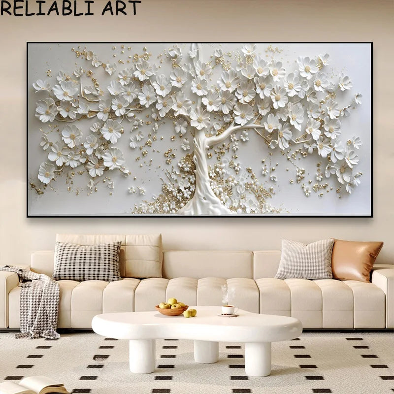 3D Golden White Flower Tree Poster and Prints Light Luxury Canvas Painting Wall Art Pictures for Living Room Home Decor No Frame Peaceful Pleasures Health and Wellness flower 24 7-25-27 50x100cm