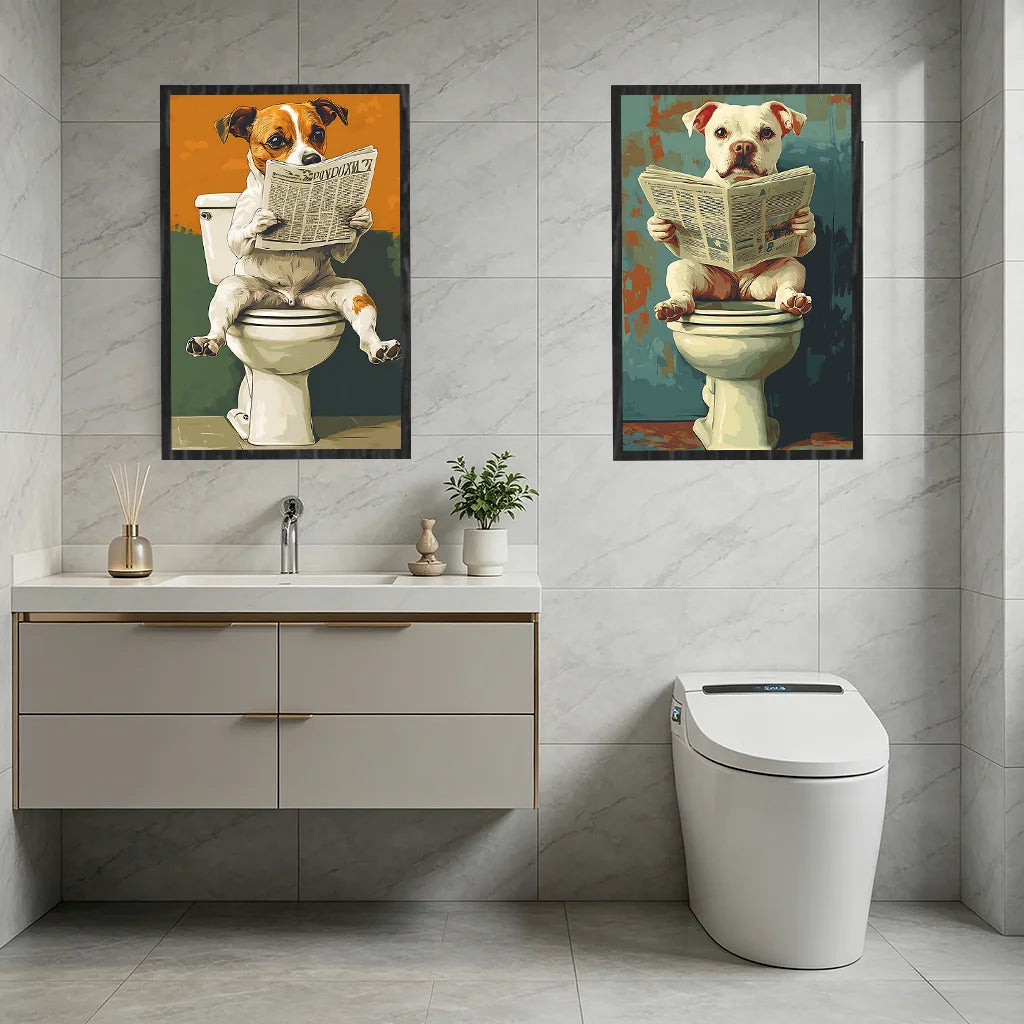 Vintage Animal Bathroom Wall Art, Funny Dog Retro Pop Art Canvas Painting, Nordic Toilet Poster Print for Restroom Room Decor Peaceful Pleasures Health and Wellness
