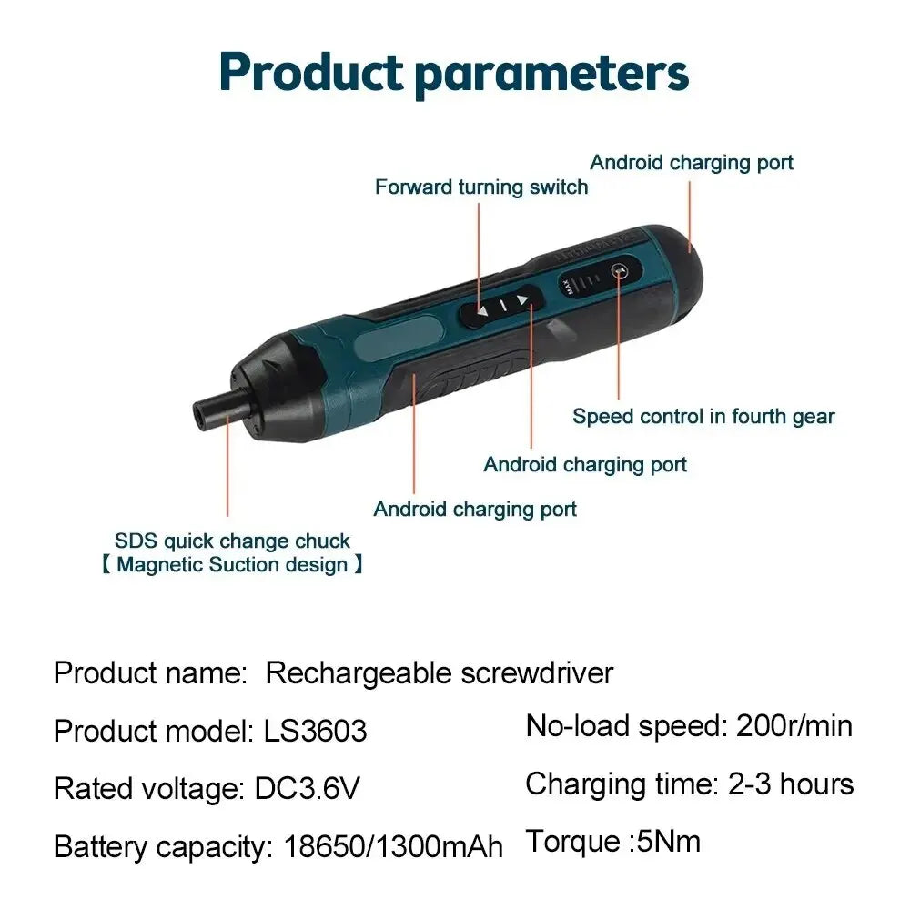 Mini Cordless Electric Screwdriver 1300mah Rechargeable Adjustment Power Drill Multi-function Disassembly Torque Repair Tools Peaceful Pleasures Health and Wellness