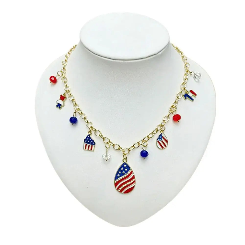 Patriotic Beaded US Flag Pendant Necklace | Gold Chain Gift