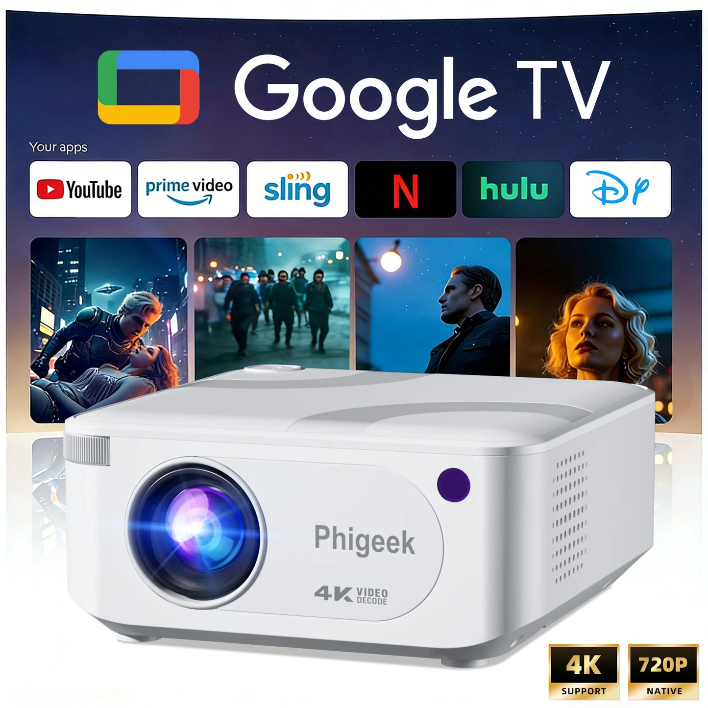 Mini Projector 300 ANSI Android11 Dual WiFi6 BT5.0 4K 720P Built-in App 1080P Video Home Cinema SmartPhone Digital Projector Peaceful Pleasures Health and Wellness White UK Plug