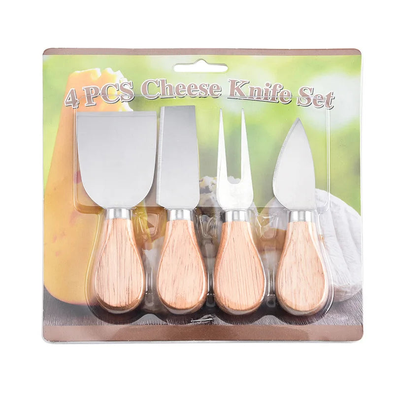 4 Piece Stainless Steel Cheese Knives Set Wood Handle Butter Cheese Cutter Jam Cream Spatula Pizza Knife Kitchen Utensils Set Peaceful Pleasures Health and Wellness 4-piece set