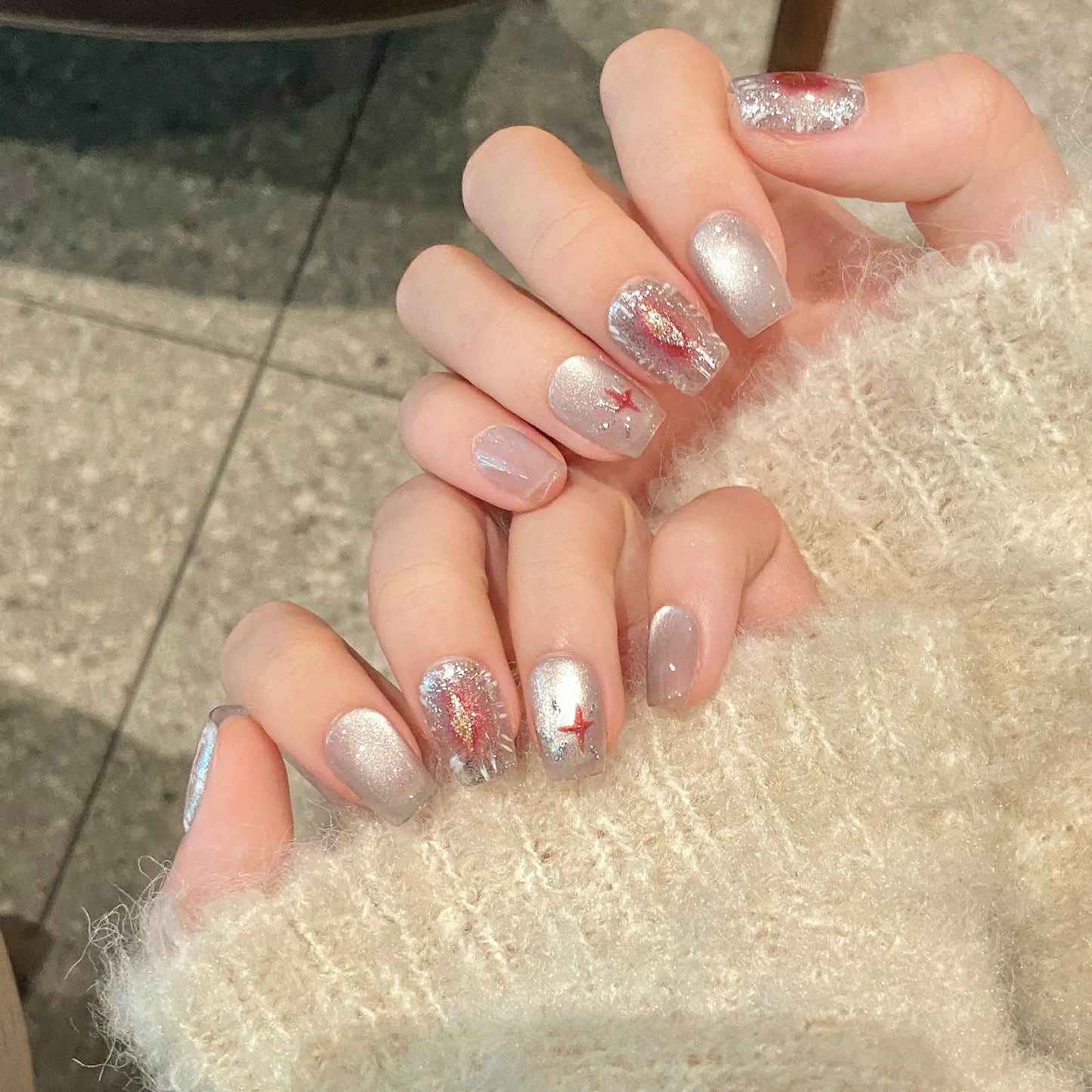 Handmade Press-On Nails Blue Coconut Tree Cat Eye Design