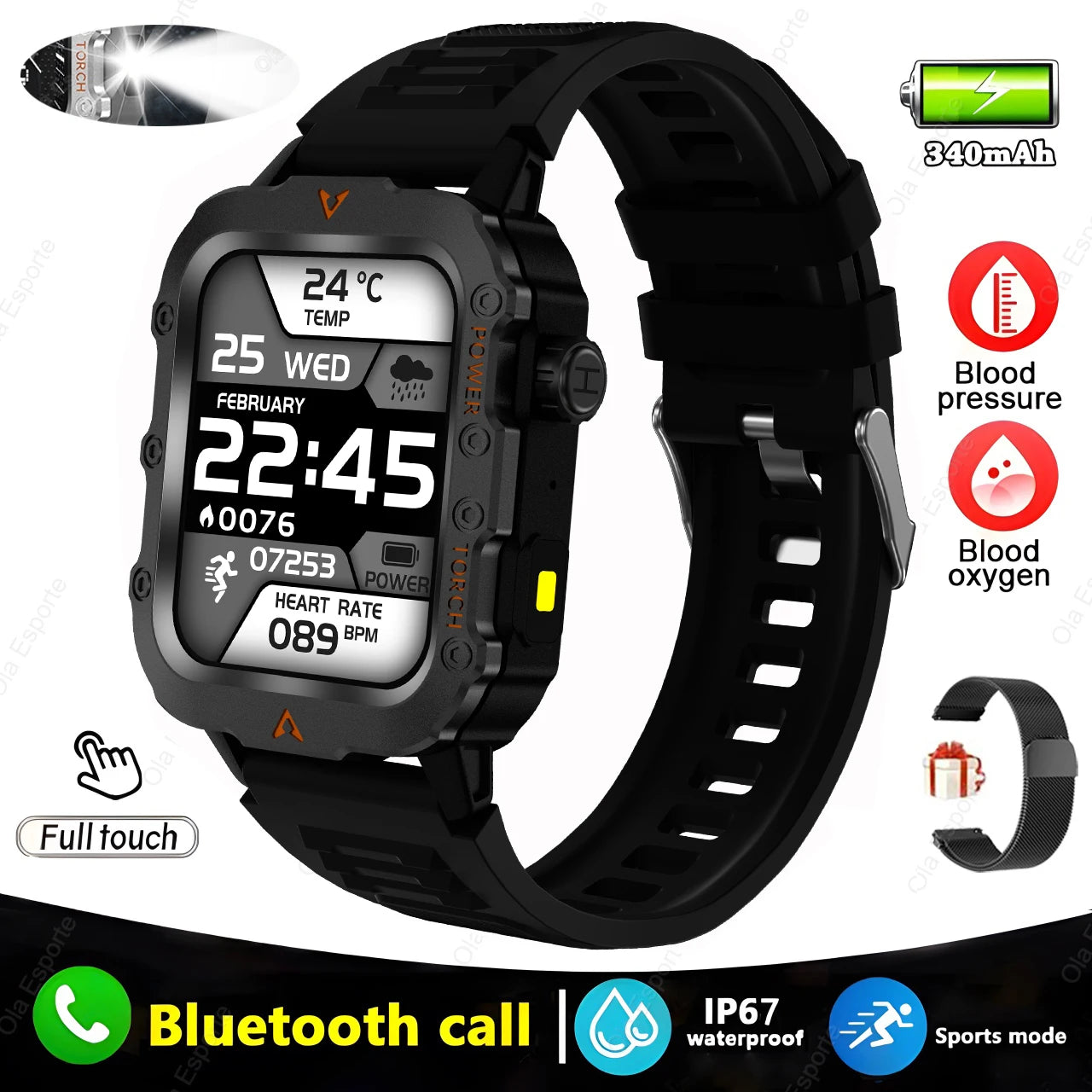 Military Smartwatch Men – Bluetooth Call, LED Flashlight, 3ATM