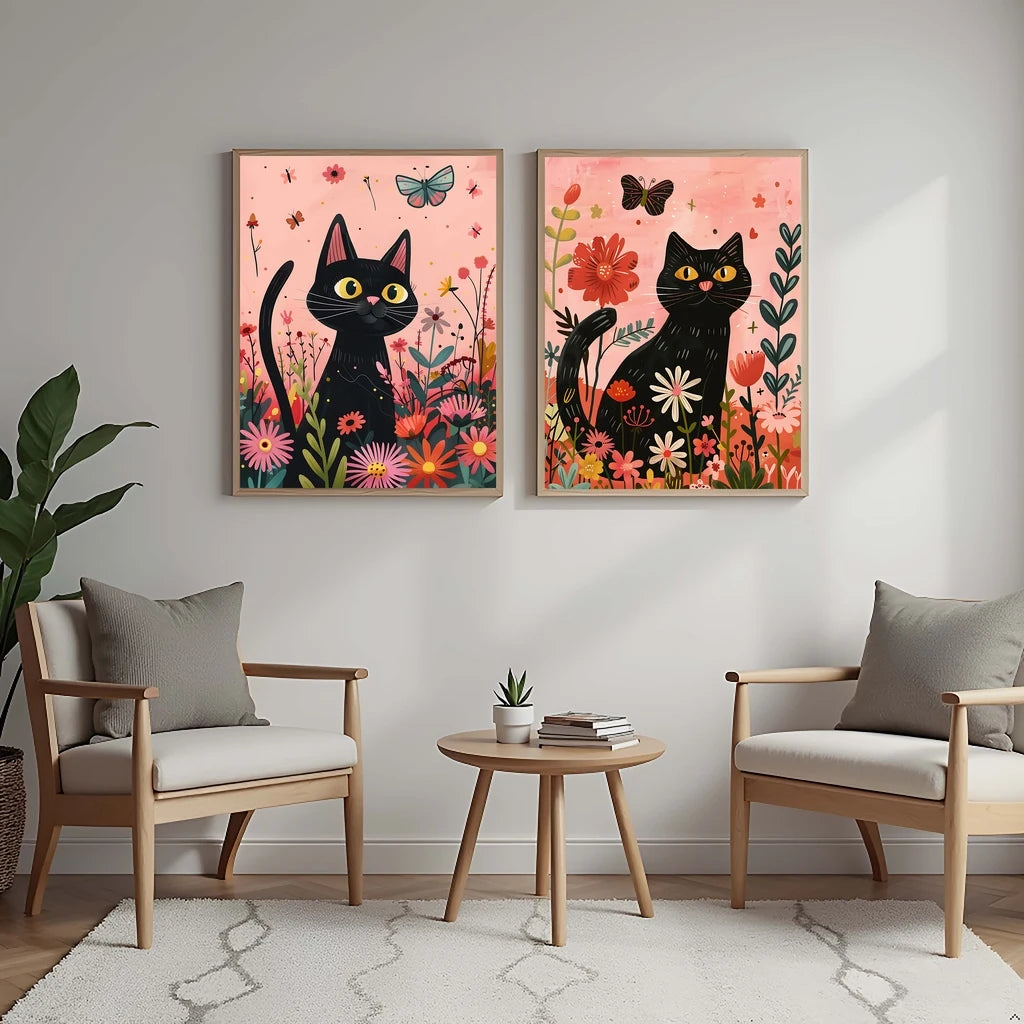 Nordic Wall Art Cute Black Cat Playing with Flowers Canvas Painting Modern Style Poster Prints Bedroom Living Room Wall Decor Peaceful Pleasures Health and Wellness