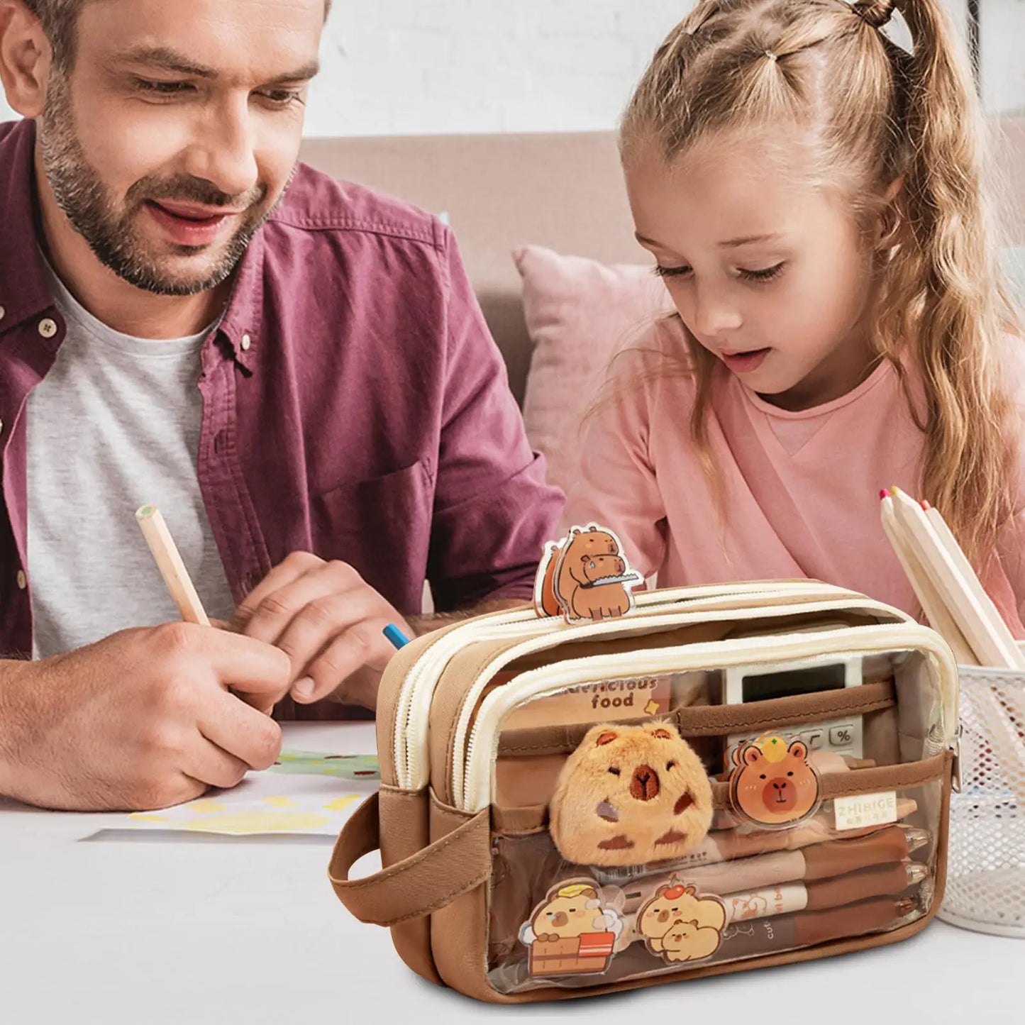 cute Capybara Print Large Capacity Pencil Case, Clear Stationery Organizer Bag for School Office Art Supplies Storage Girls Kids Peaceful Pleasures Health and Wellness
