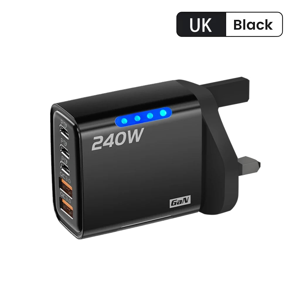 240W Fast Charger with 2 USB 3 Type-C PD 3.0 Fast Charging with LED Light for iPhone 16 Samsung Xiaomi POCO USB-C Wall Chargers Peaceful Pleasures Health and Wellness Black UK