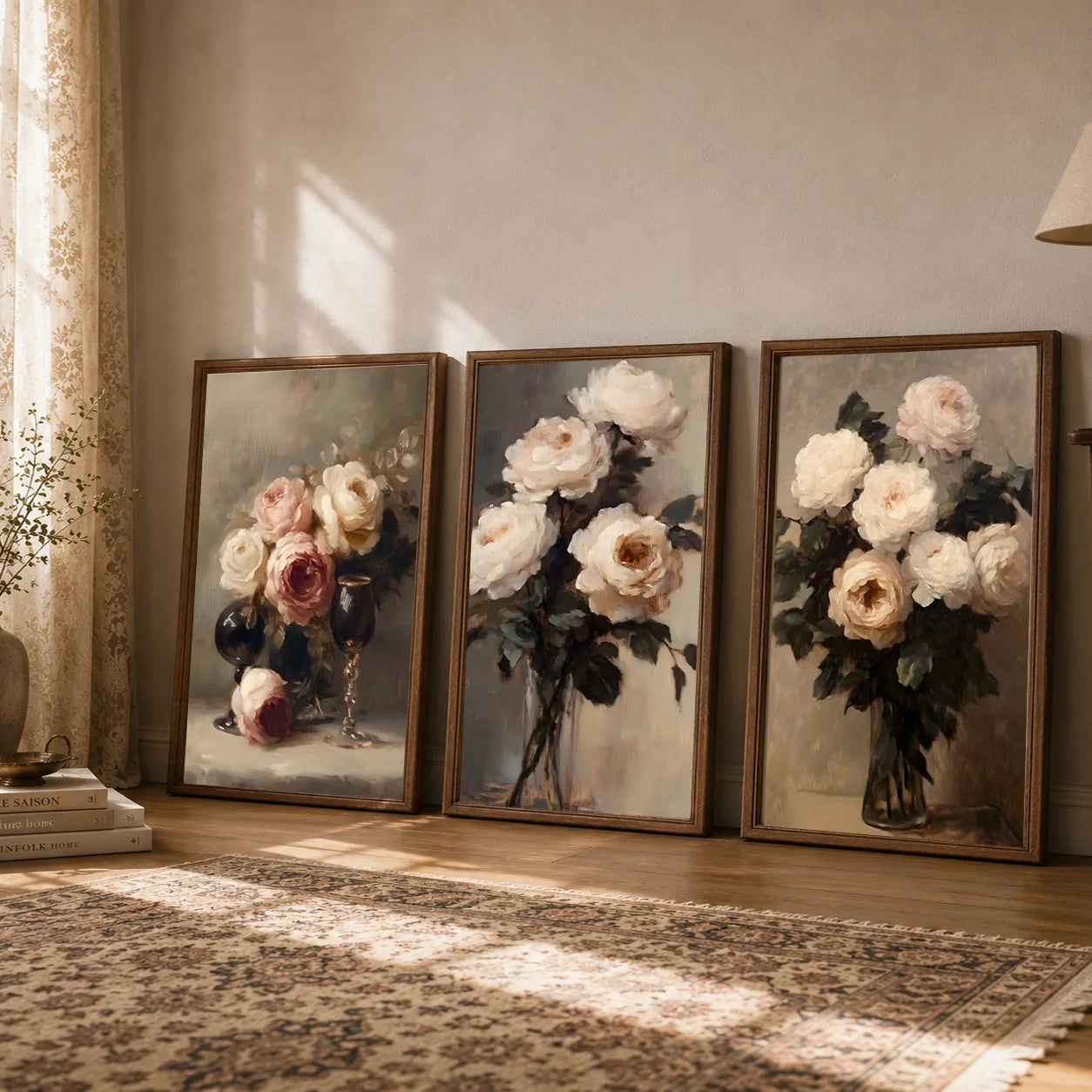 Vintage Wall Art, Rose Floral Oil Painting Canvas Painting, Neutral plant Poster Print for Bedroom Living Room Wall Decor Peaceful Pleasures Health and Wellness