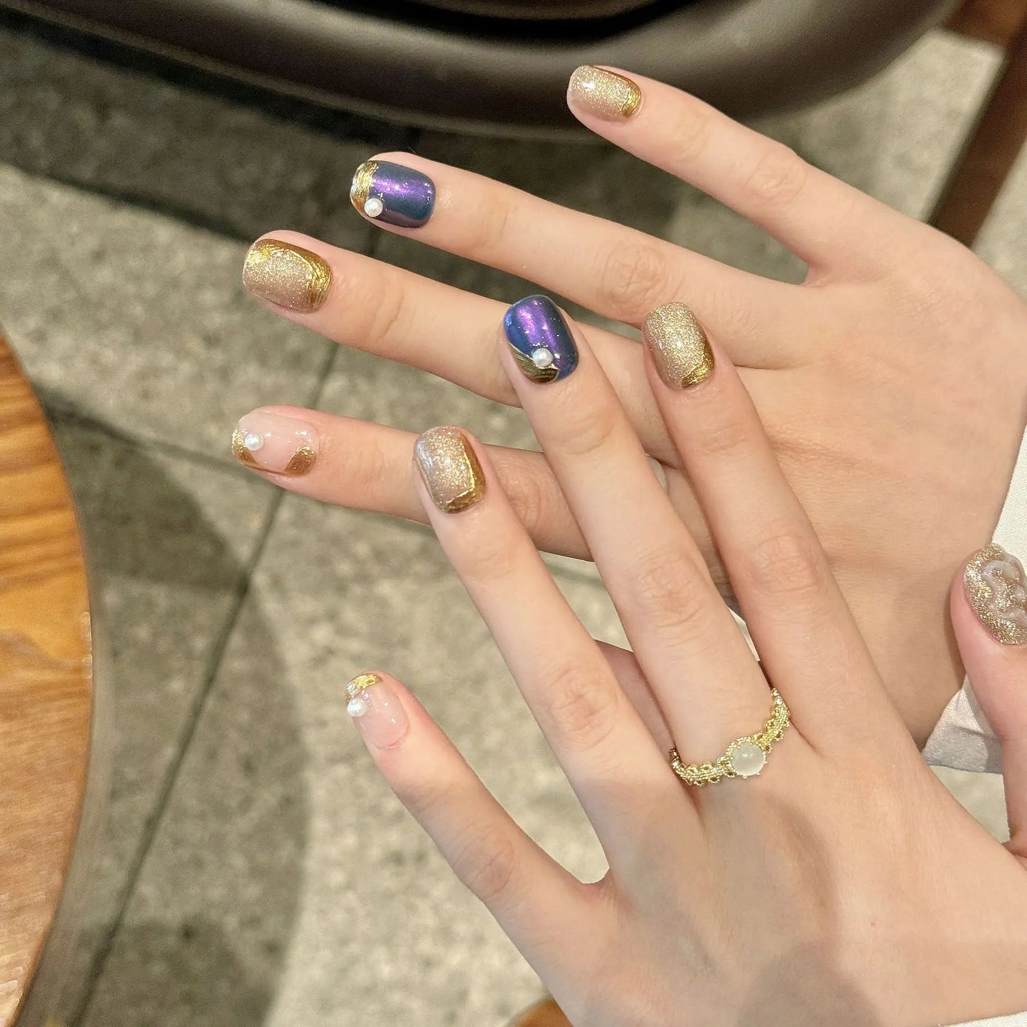 Handmade Press-On Nails Vintage French Gold Foil & Pearl Design