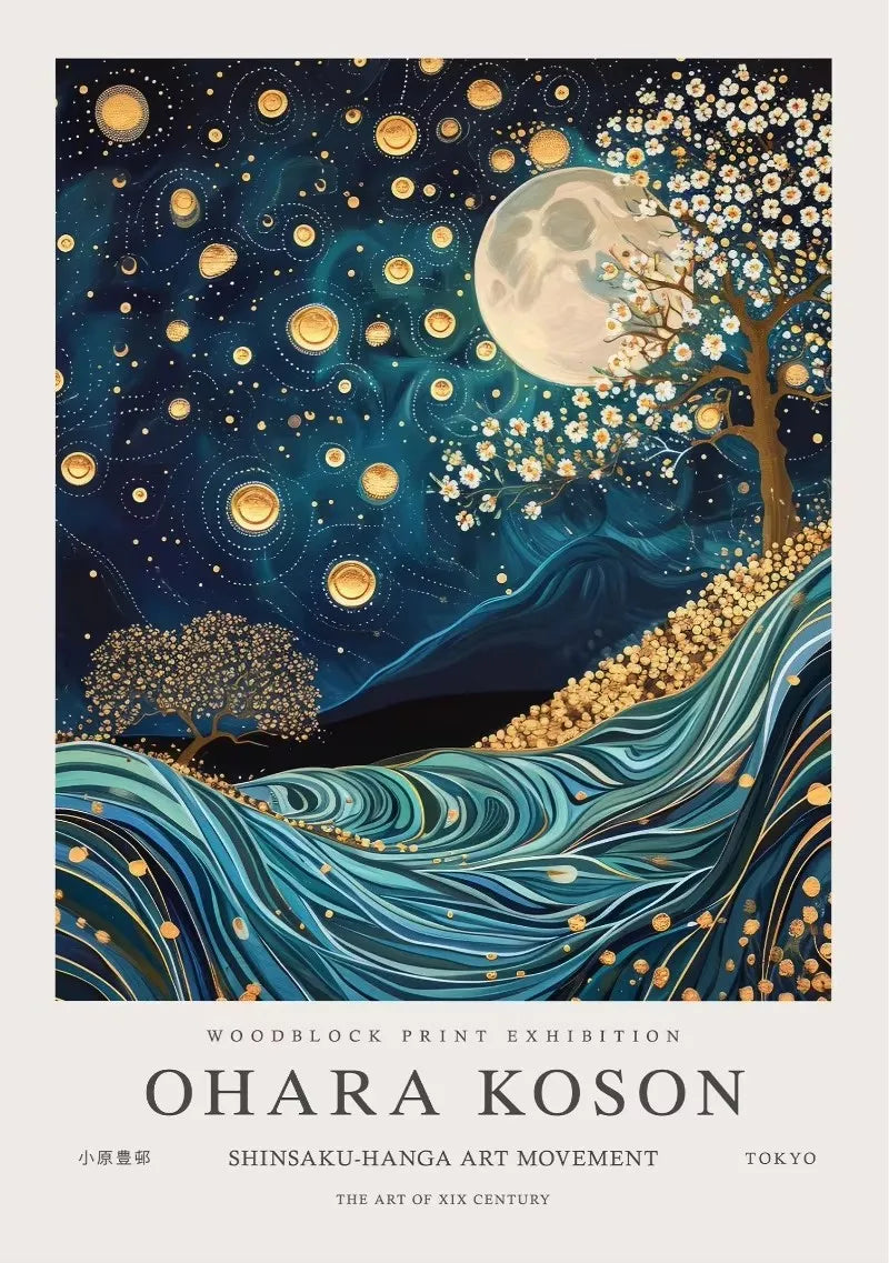 William Morris Whale & Peacock Retro Sunset Canvas Wall Art