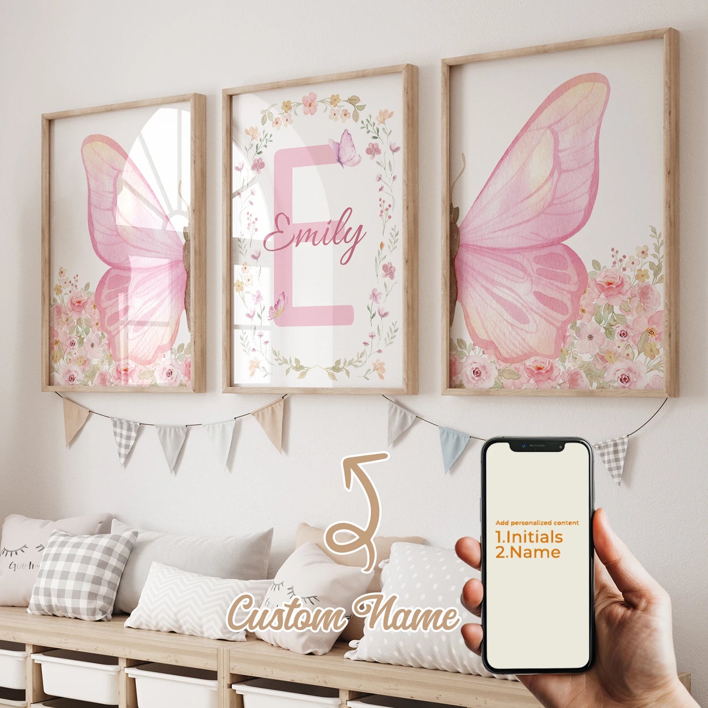 Personalized Pink Butterfly Canvas Wall Art | 3-Piece Name Print