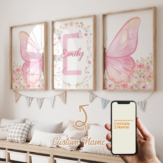 Personalized Pink Butterfly Canvas Wall Art | 3-Piece Name Print Canvas Wall Art Set Peaceful Pleasures Health and Wellness GA-CH404-3pcs 40x50cm Unframed