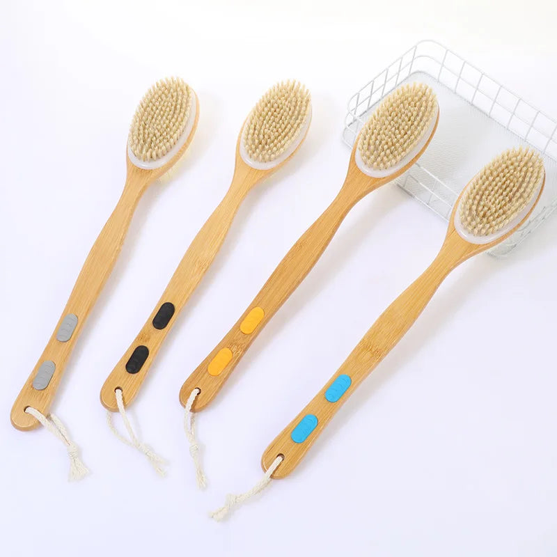 Shower brush with soft and hard bristles, double sided long handle, back scrub body exfoliator, suitable for both wet and dry us Peaceful Pleasures Health and Wellness