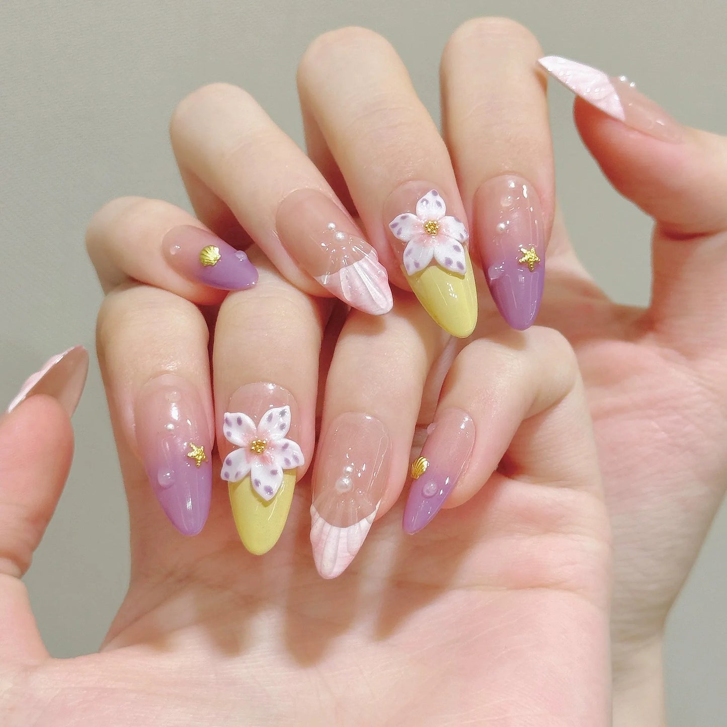 10pcs Handmade Press on Nails Crystal Striped Almond French Nail Art Fake Nails Tips Wearable 3D Carved Flower False Nails Decor Peaceful Pleasures Health and Wellness