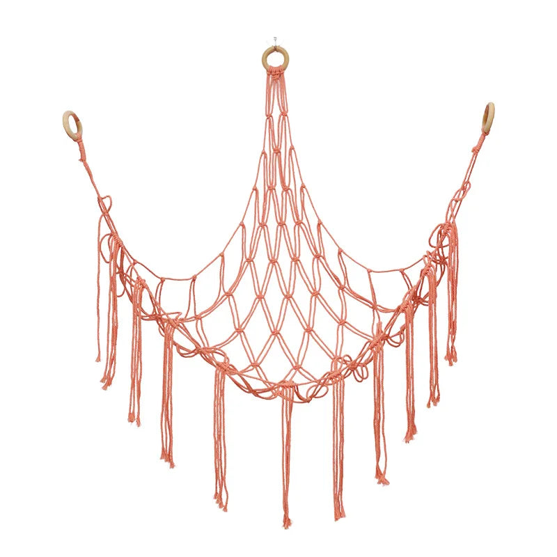 Corner Mounted Toy Storage Net Handwoven Cotton String Triangle Pouch Plush Doll Hammock Kids Room Organizer Peaceful Pleasures Health and Wellness Pink 100x100x140