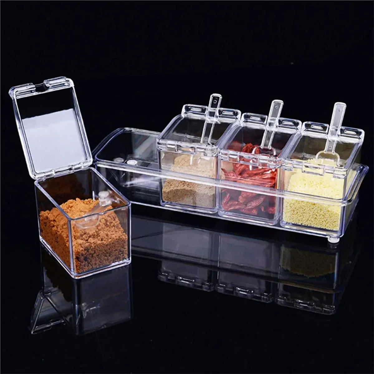 Clear Seasoning Box Set of 4 Crystal Seasoning Storage Container with Spoon Clear Seasoning Rack Spice Pots for Pepper Spice Peaceful Pleasures Health and Wellness