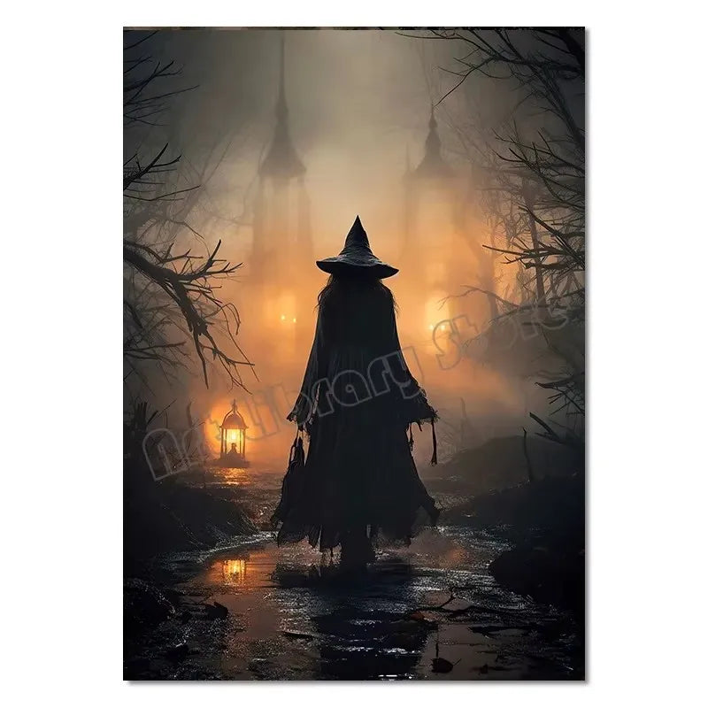 Classic Retro Aesthetics Wall Art Halloween Goth Ghost Witch and Crow Pumpkin HD Oil on Canvas Poster Home Bedroom Decor Gift Peaceful Pleasures Health and Wellness ZLH5188 20x30cm No Frame