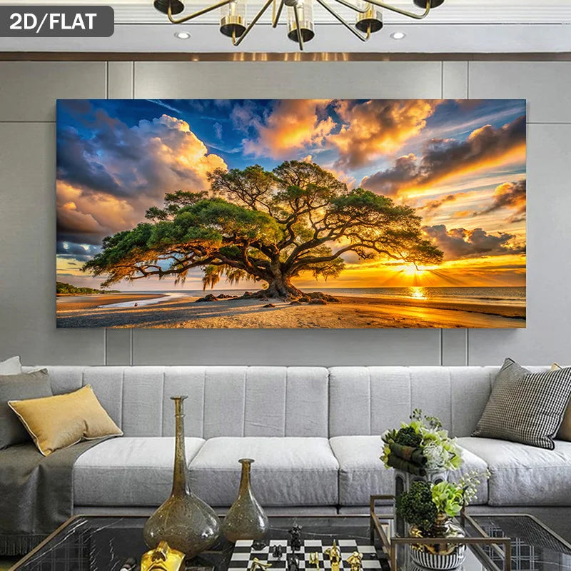 2D Flat, Frameless Canvas Art Depicting Sunset Behind A Tree on The Beach, Modern Wall Decor Perfect for Living Room and Bedroom Peaceful Pleasures Health and Wellness 100x200cm No Frame ZLH10457