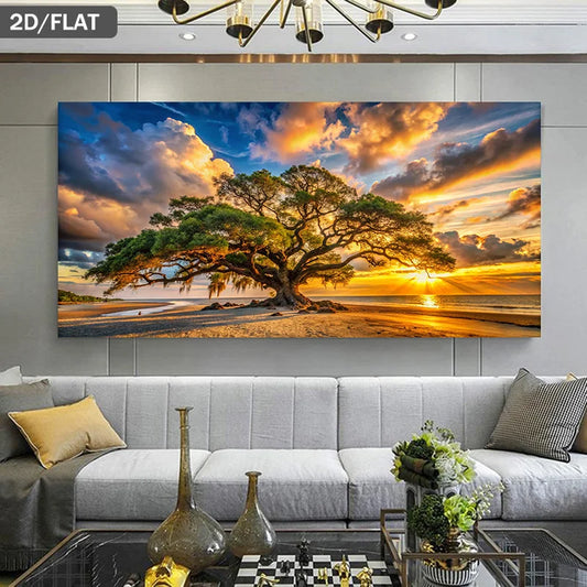 2D Flat, Frameless Canvas Art Depicting Sunset Behind A Tree on The Beach, Modern Wall Decor Perfect for Living Room and Bedroom Peaceful Pleasures Health and Wellness 100x200cm No Frame ZLH10457