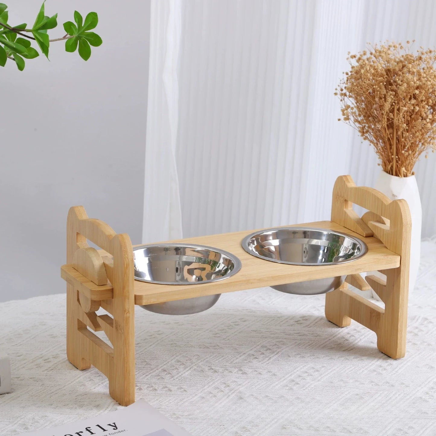 Elevated Cat Bowls | Adjustable Bamboo Stand & Stainless Steel