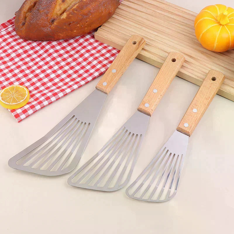 Stainless Steel Fish Turner Slotted Spatula | Beech Wood Handle Slotted Spatula Turner Peaceful Pleasures Health and Wellness