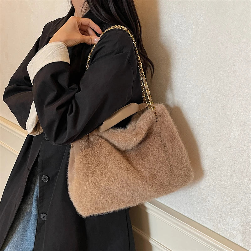 Practical Retro Plush Bag for Women Large Capacity Tote Shoulder Handbag Autumn Winter Fashionable Versatile for Daily Commuting Peaceful Pleasures Health and Wellness