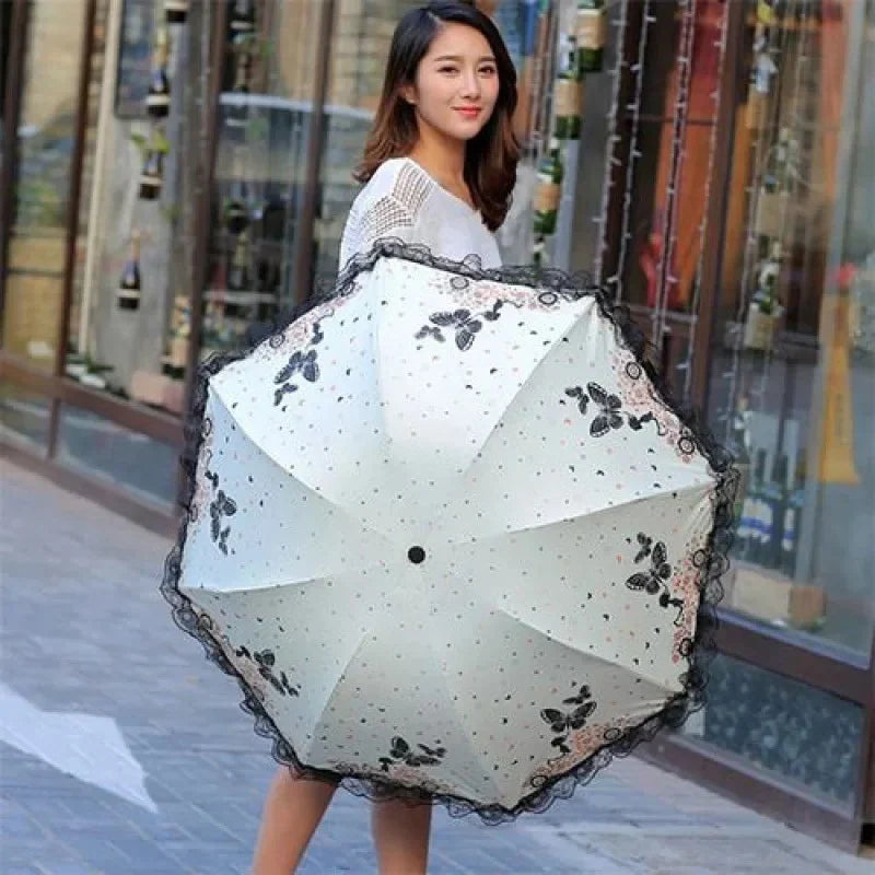 Butterfly Lace Triple Fold Windproof Sun & Rain Umbrella