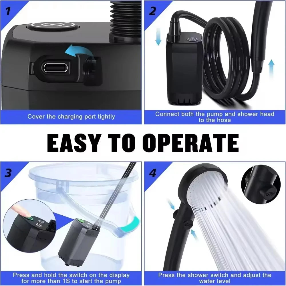 Portable Shower for Camping 6000mAh Rechargeable Camping Shower with Shower Head Intelligent LED Display Electric Shower Pump Peaceful Pleasures Health and Wellness