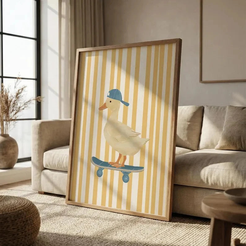 Funny Skater Duck Canvas Wall Art Print | Cartoon Home Decor