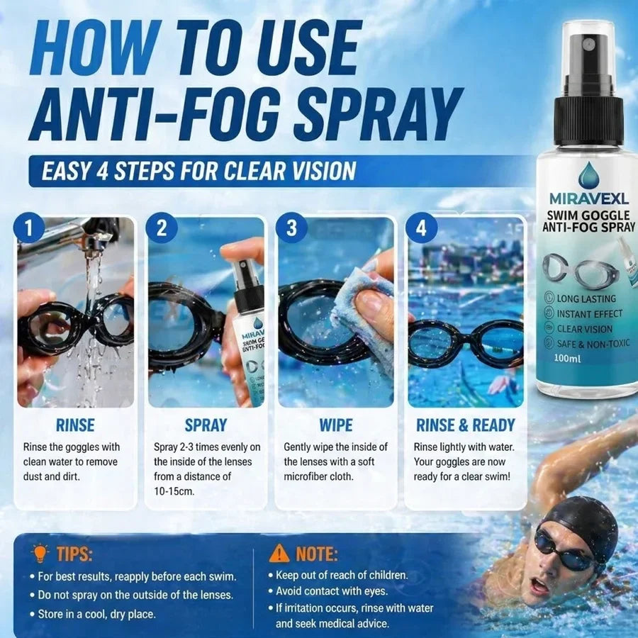 MIRAVEXL Anti-Fog Spray for Swim Goggles & Diving Masks 100ml