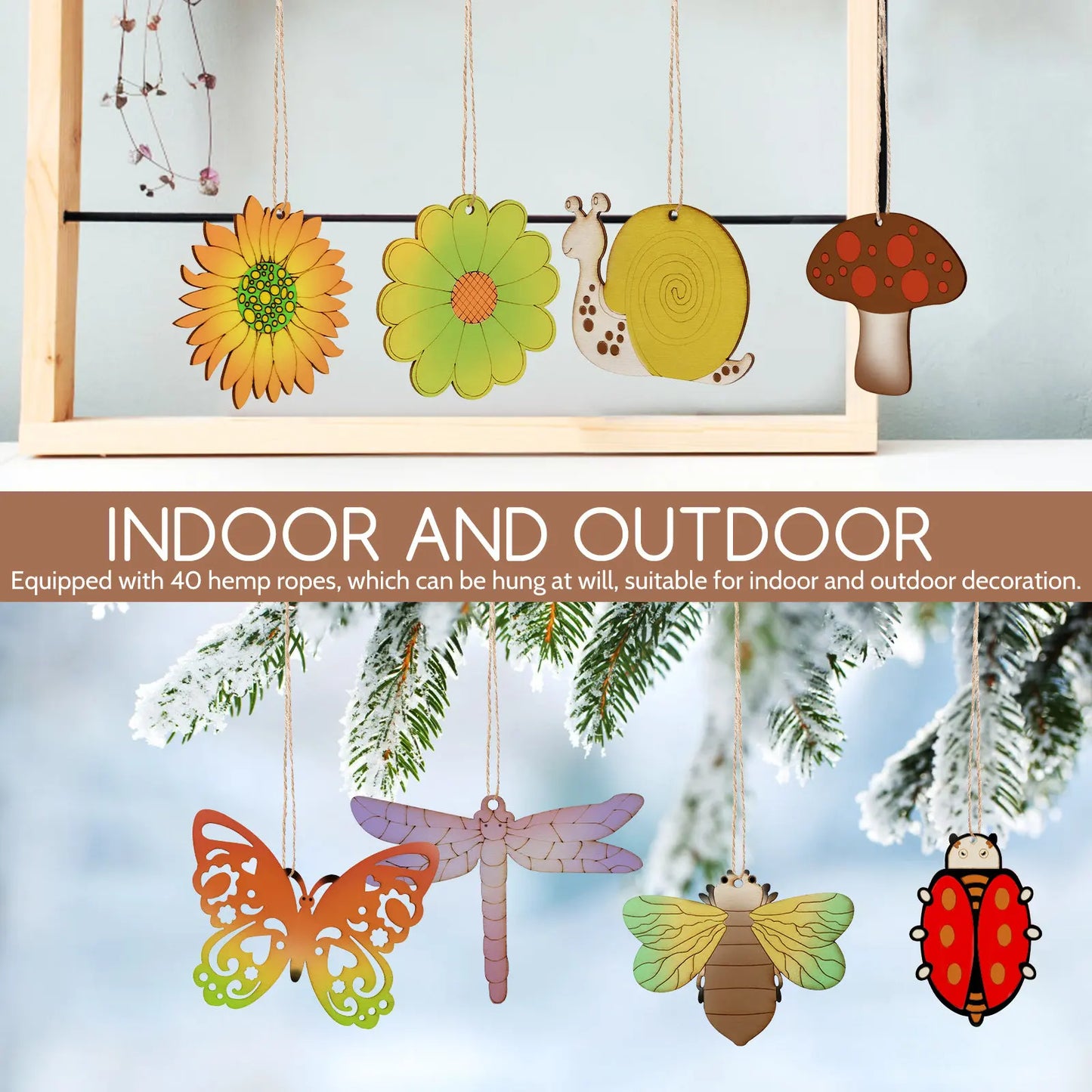 40Pcs Unfinished Wooden Flowers Insects Hanging Cutouts DIY Wooden Crafts Painting Shapes Wood Slices Jute Rope Rustic Wall Peaceful Pleasures Health and Wellness