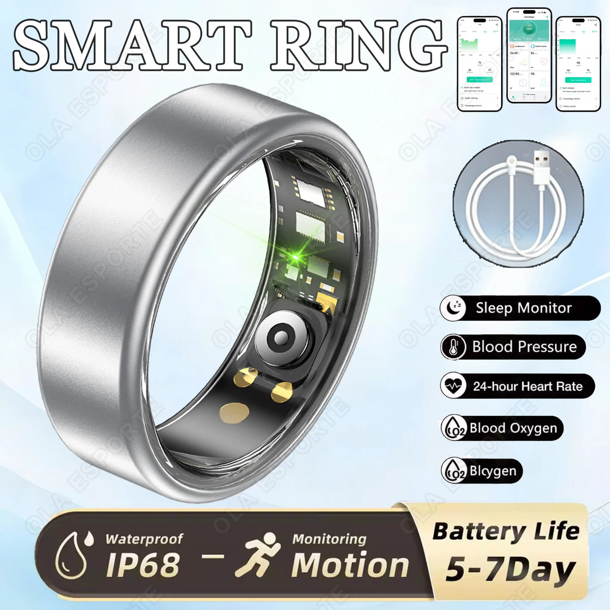 New R09 Smart Ring Men Women with Charging Case,Heart Rate Blood Oxygen,Skin Temperature Monitor,5ATM Waterproof For Android iOS Peaceful Pleasures Health and Wellness Silver 14