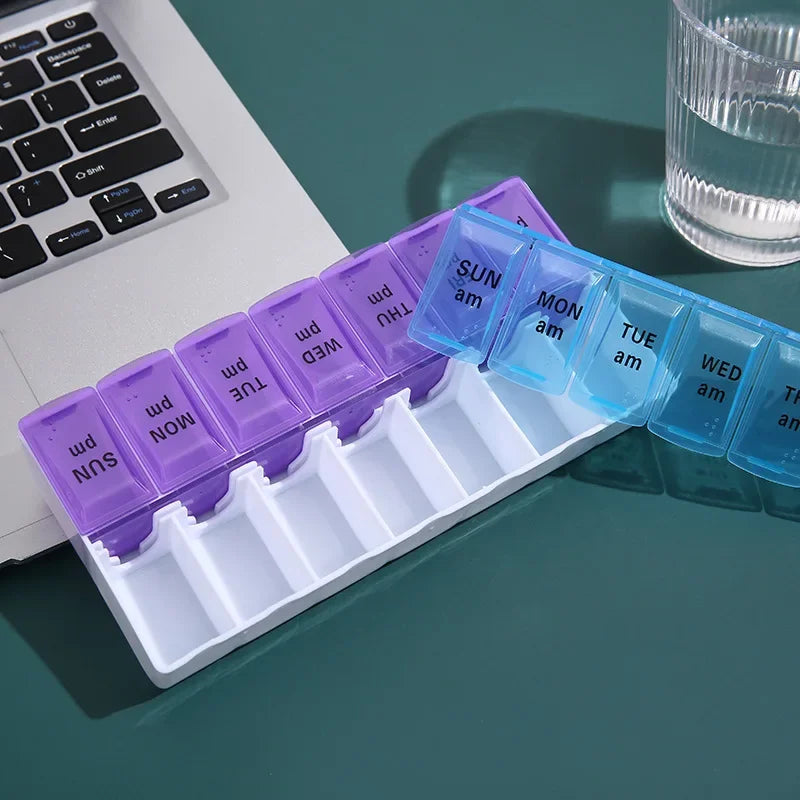Pill Box Case 7 Day Weekly Medicine Storage Box Double Row 14grid Tablte Dispenser Organizer Open Lid First-Aid Kit Container Peaceful Pleasures Health and Wellness