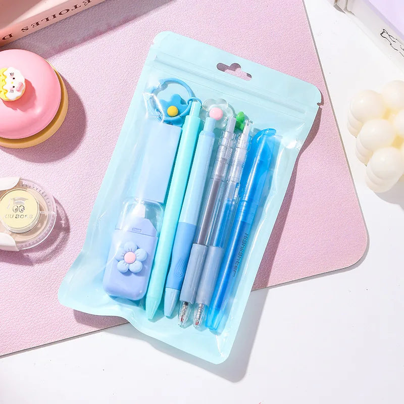 Macaron Color Stationery High Aesthetic Student School Opening Prize 8 in 1 Study Stationery Gift Set Cute Gift Boxes Stationery Peaceful Pleasures Health and Wellness blue