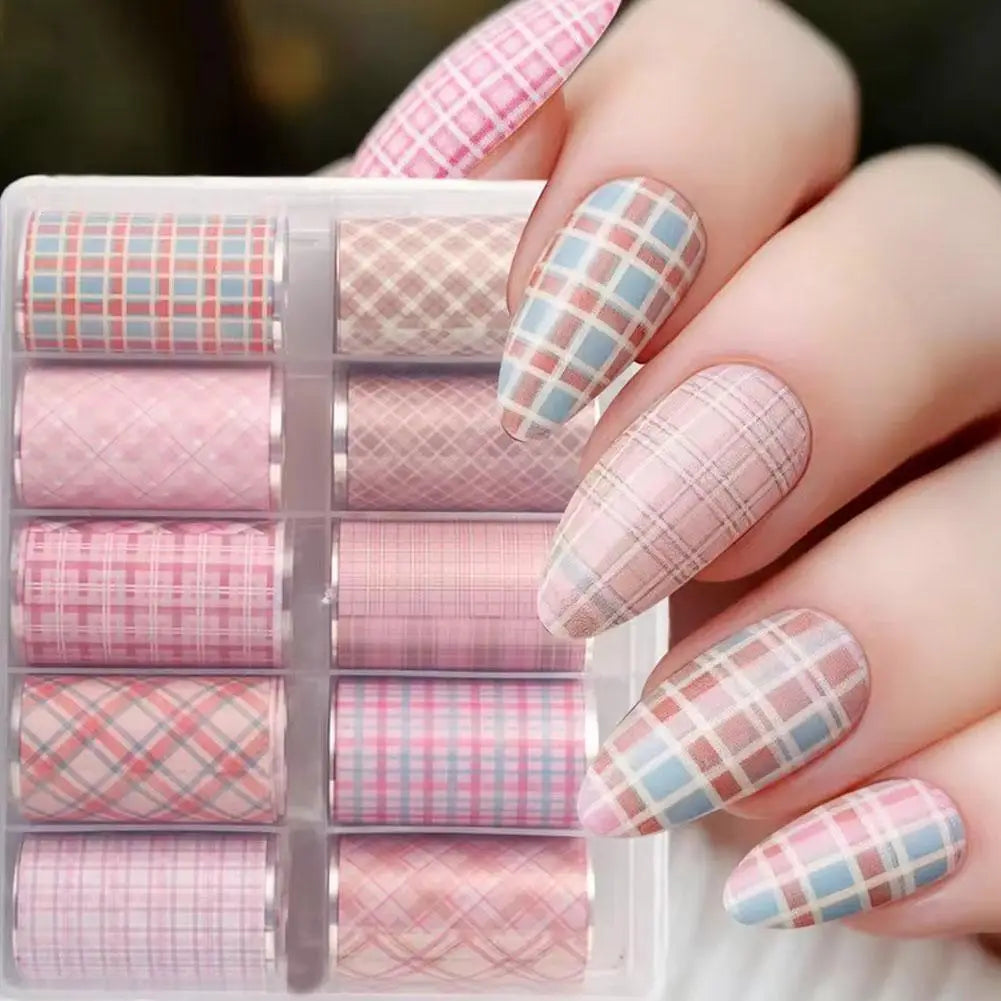 10Roll/Box Plaid/Flower Nail Foil Transfer Stickers for Nail Art Self-Adhesive Nail Decals Foil Paper Decals Nail Supplies Decor Peaceful Pleasures Health and Wellness