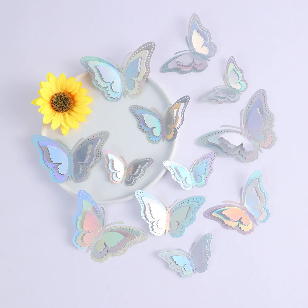 12pcs 3D Hollow Layered Butterfly Wall Sticker Gold Decorative Butterfly Home Decor Fridge DIY Party Wedding Sticker 3D Stickers Peaceful Pleasures Health and Wellness ColorfulSilver 12pcs
