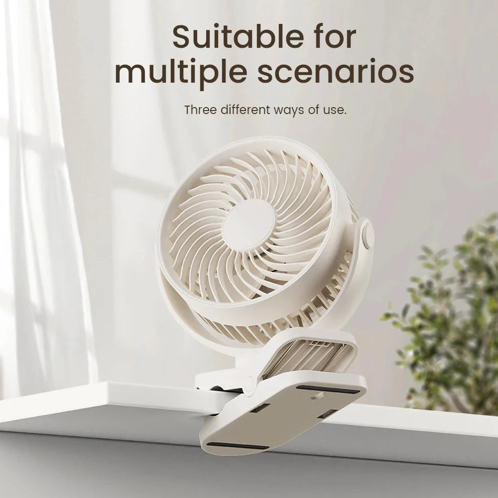 URGGU Rechargeable Clip-On Fan – 360° Rotation, 3 Speeds, USB