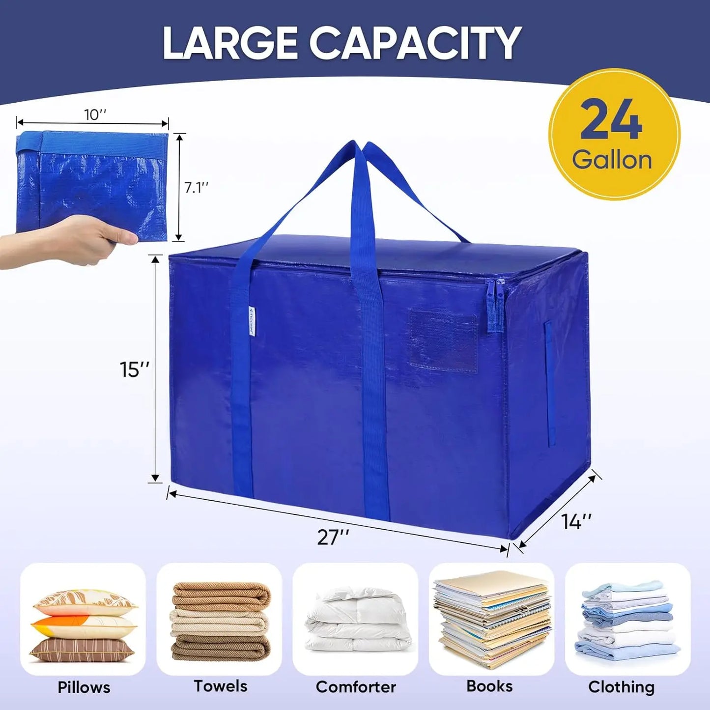 Blue storage bag with dimensions and capacity details on a white background