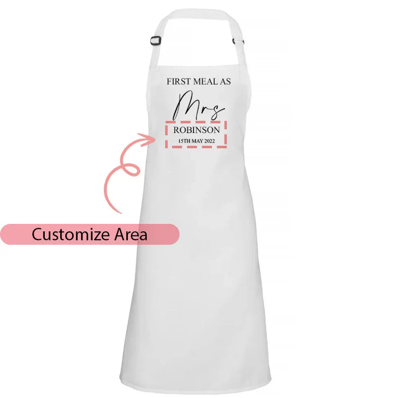 Personalized Wedding Apron | Mr & Mrs Newlywed Couple Gift Personalized Kitchen Apron Peaceful Pleasures Health and Wellness white Custom Text