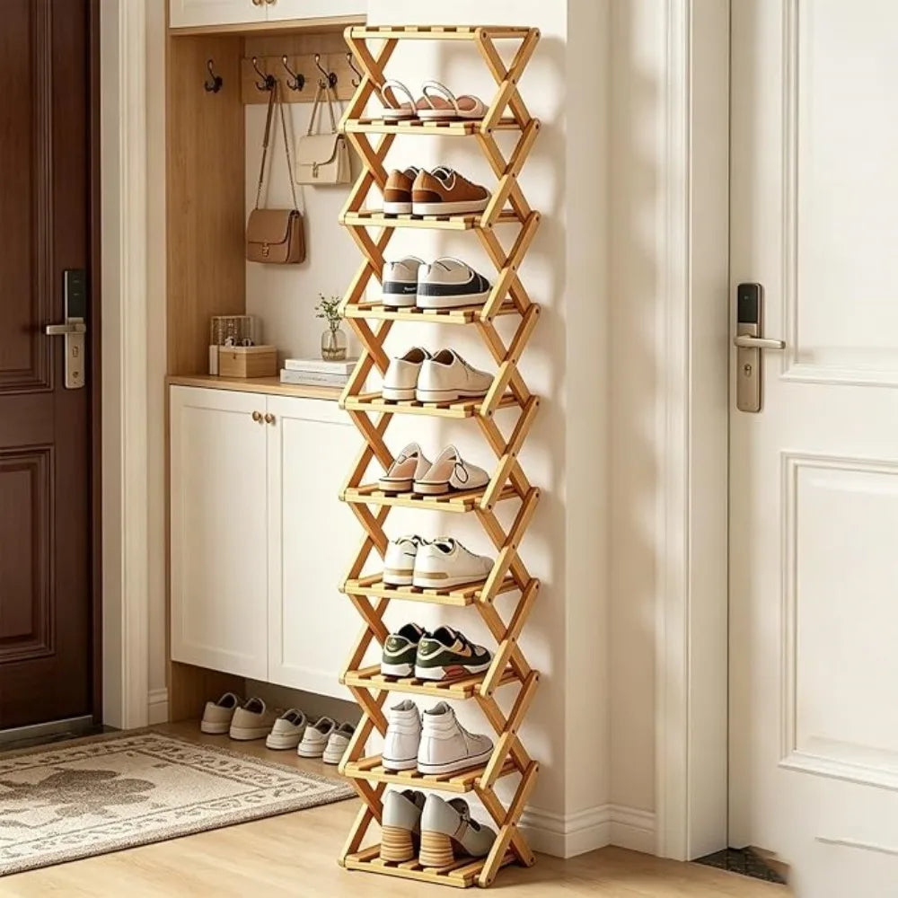 Bamboo Vertical Shoe Rack 4/8/9 Tier Foldable – No Assembly