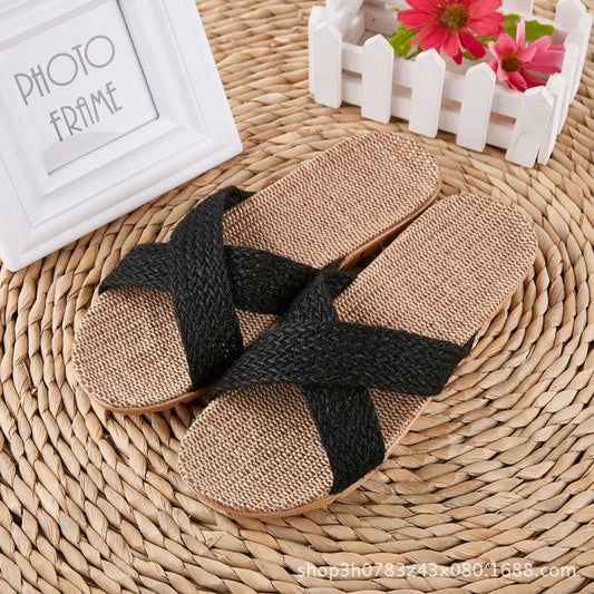 JPNTKY Men's Linen Beach Slippers | Non-Slip EVA Slides Linen Beach Slippers Peaceful Pleasures Health and Wellness