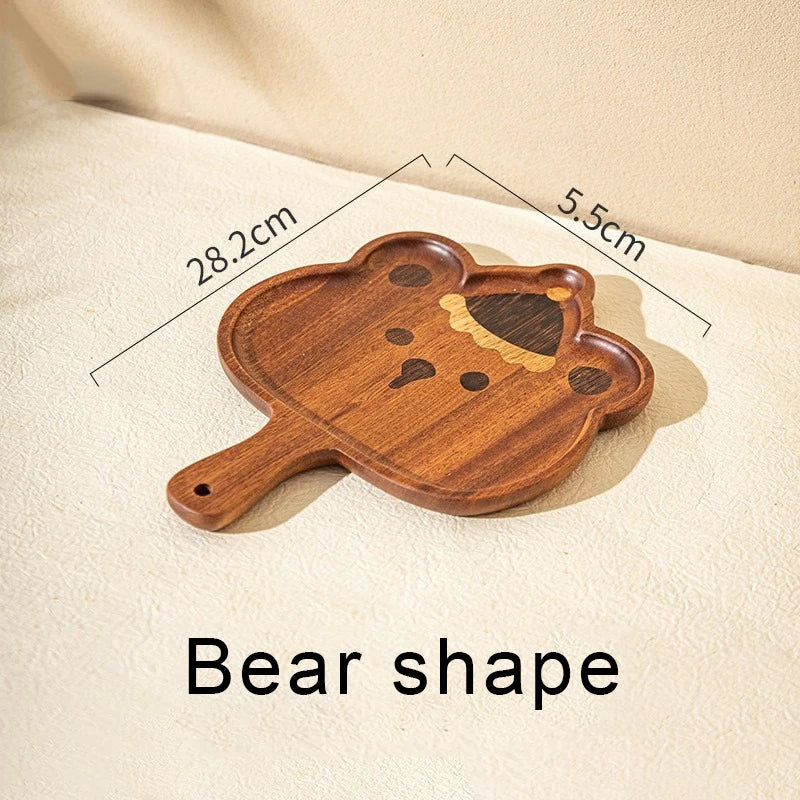 Wooden Cartoon Bear & Rabbit Children’s Serving Tray with Handle | Leaf Shape – Afternoon Tea, Fruit & Dessert