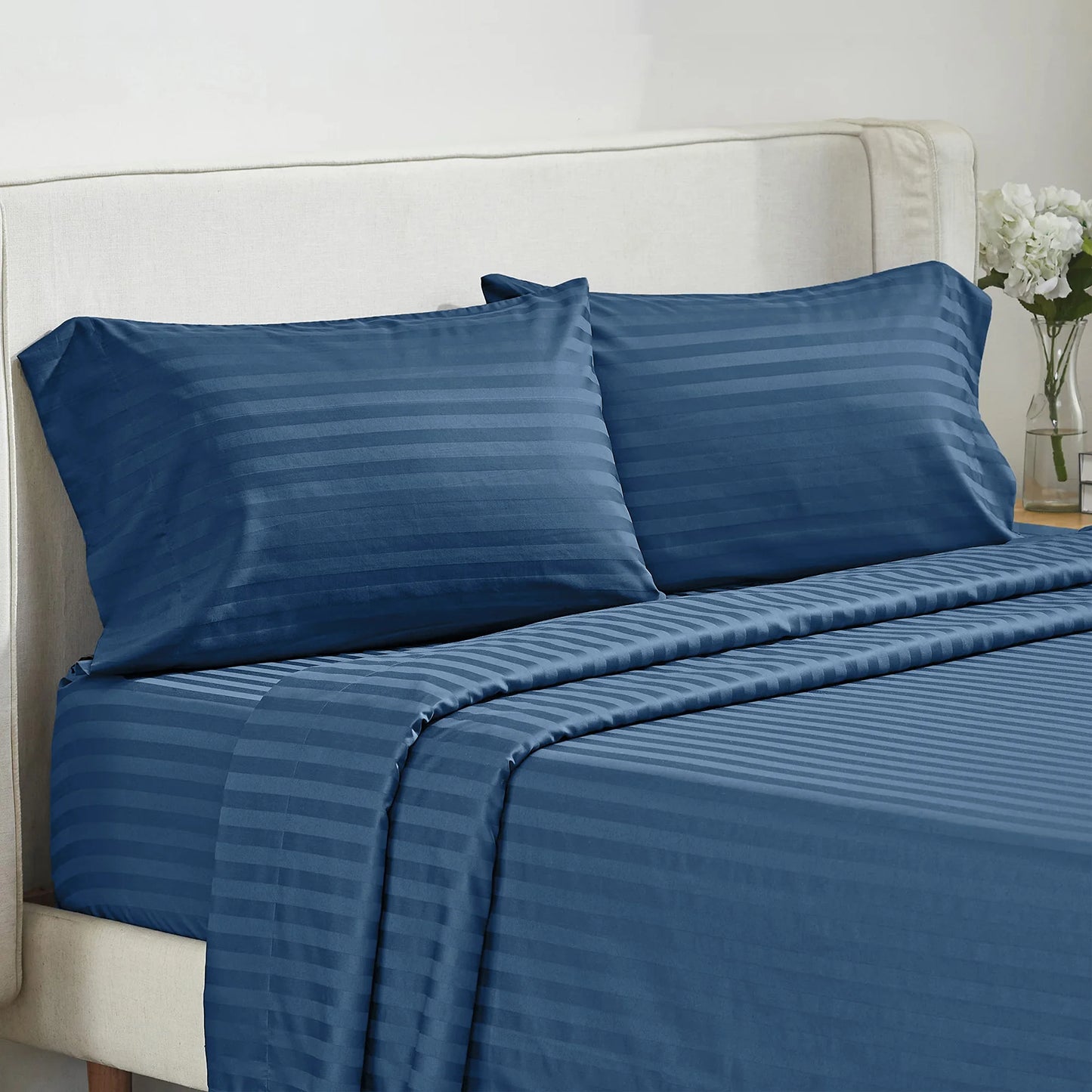 Battilo Bed Sheets 4 Pieces Set Luxury Fitted Flat Sheet with Pillowcases Solid Stripe Bedding Set For Twin Full Queen King Size Peaceful Pleasures Health and Wellness Blue Twin