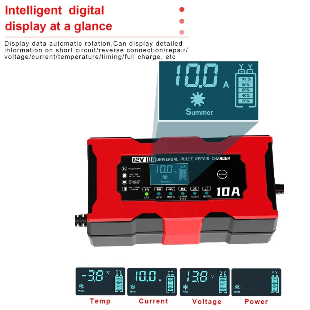 12V 10A Smart Battery Charger – LiFePO4, AGM, GEL & Lead Acid