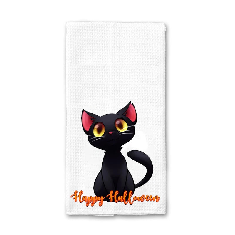 Halloween Waffle Tea Towel | Spooky Black Cat Kitchen Dishcloth